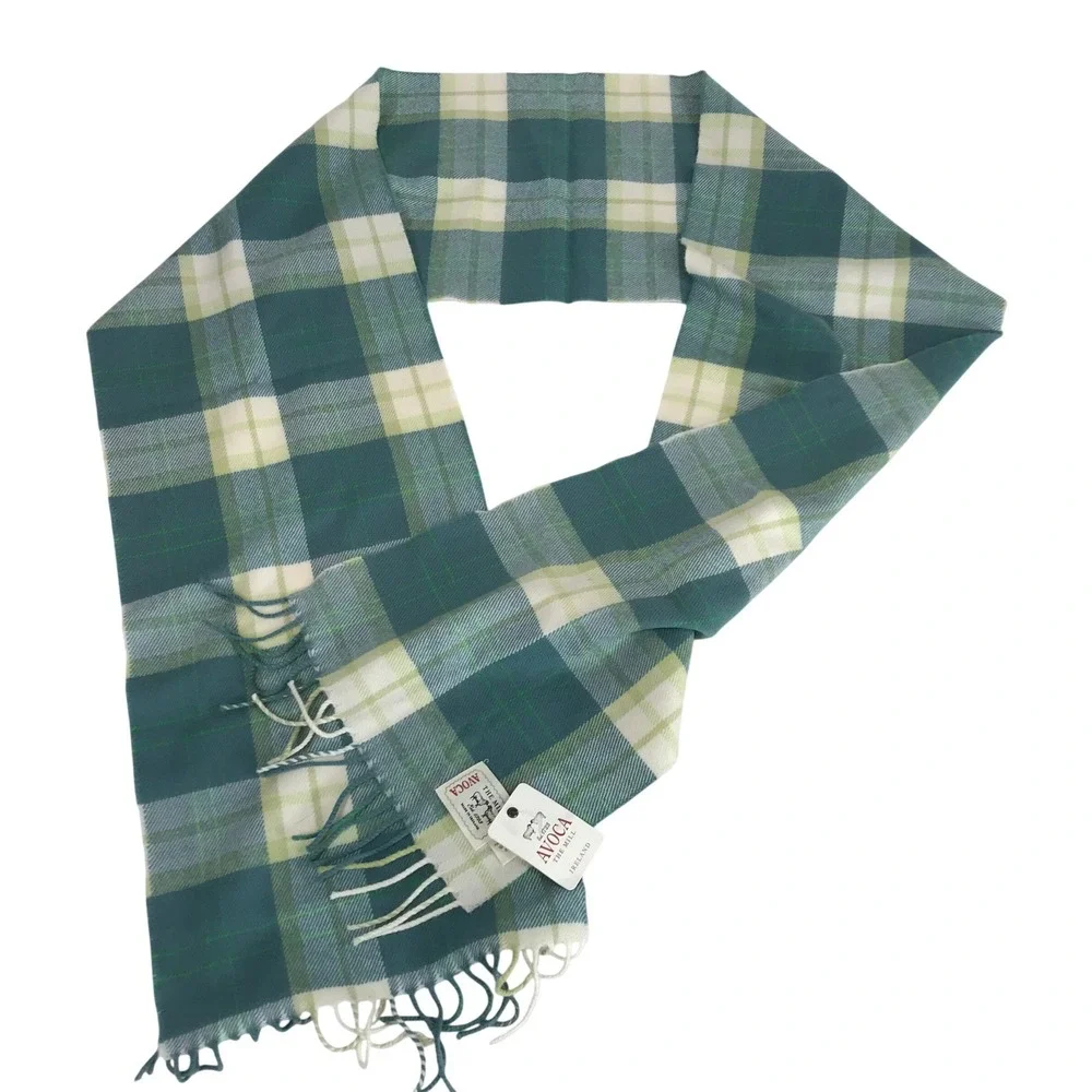 Avoca The‎ Mill Ireland Scarf 100% Pure New Wool Green Teal Plaid Fringed NWT